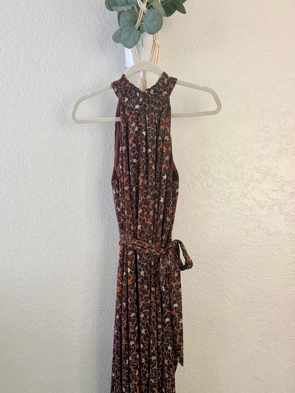 Brown Floral Halter Sleeveless Belted Maxi Dress